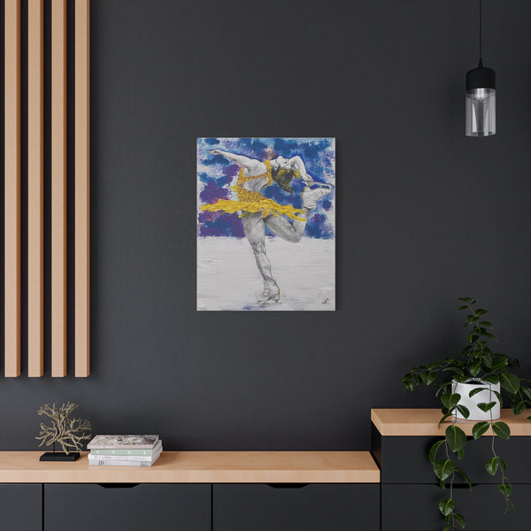 Alysa Liu by Jesse Raudales Canvas Wall Art – Yellow Dress Ice Skating Ballet Pose Matte Stretched Print