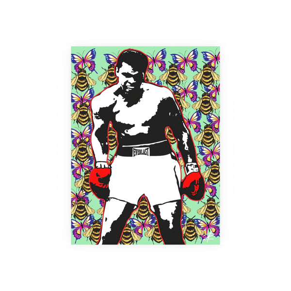 Muhammad Ali Pop Art Poster — Boxing Legend with Colorful Bee & Butterfly Background