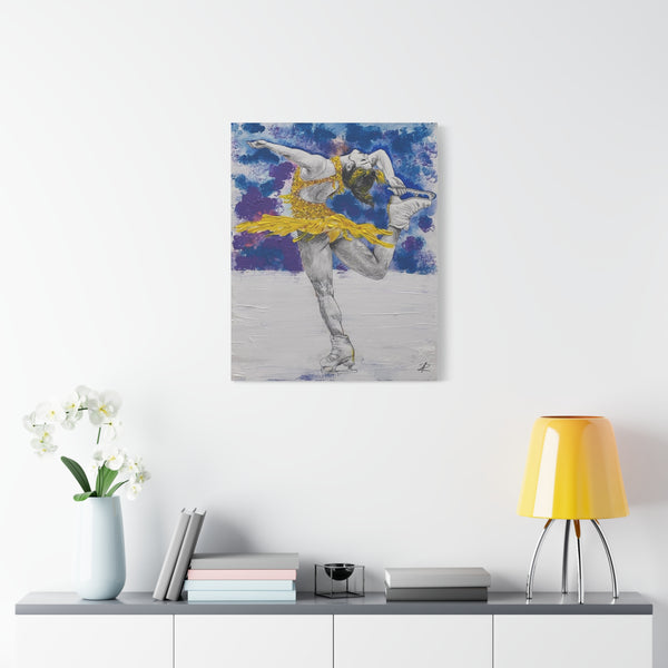 Alysa Liu by Jesse Raudales Canvas Wall Art – Yellow Dress Ice Skating Ballet Pose Matte Stretched Print