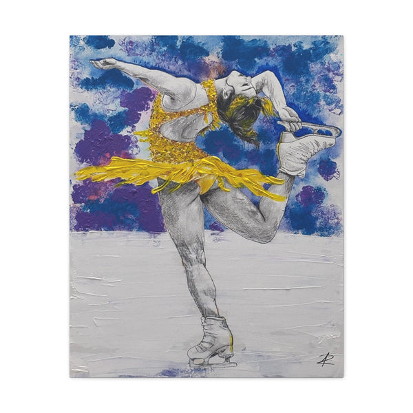 Alysa Liu by Jesse Raudales Canvas Wall Art – Yellow Dress Ice Skating Ballet Pose Matte Stretched Print
