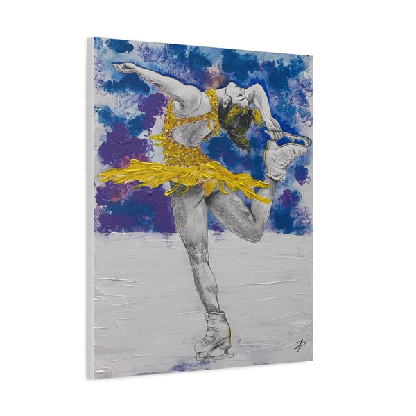 Alysa Liu by Jesse Raudales Canvas Wall Art – Yellow Dress Ice Skating Ballet Pose Matte Stretched Print